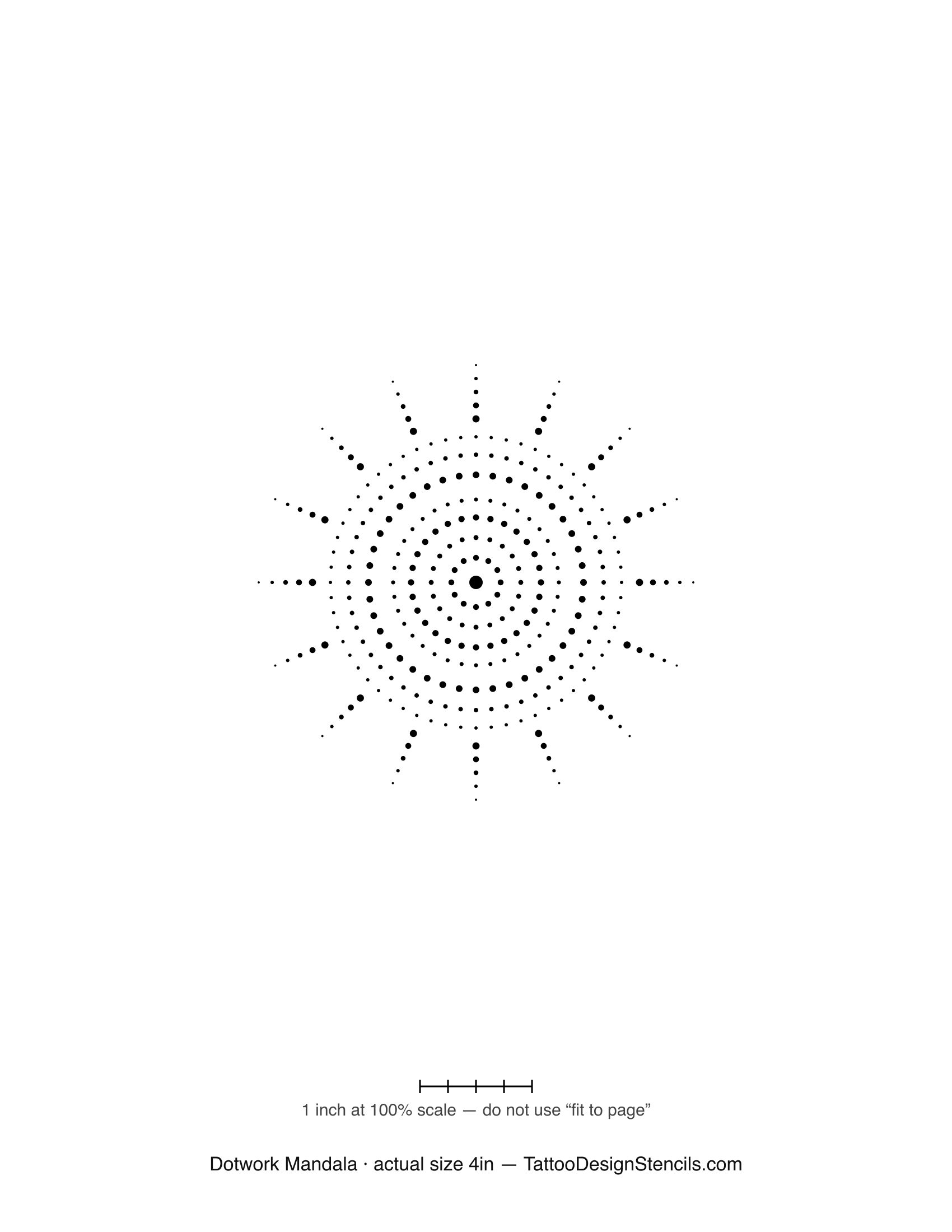 Dotwork mandala tattoo stencil — concentric rings and rays built from individual dots