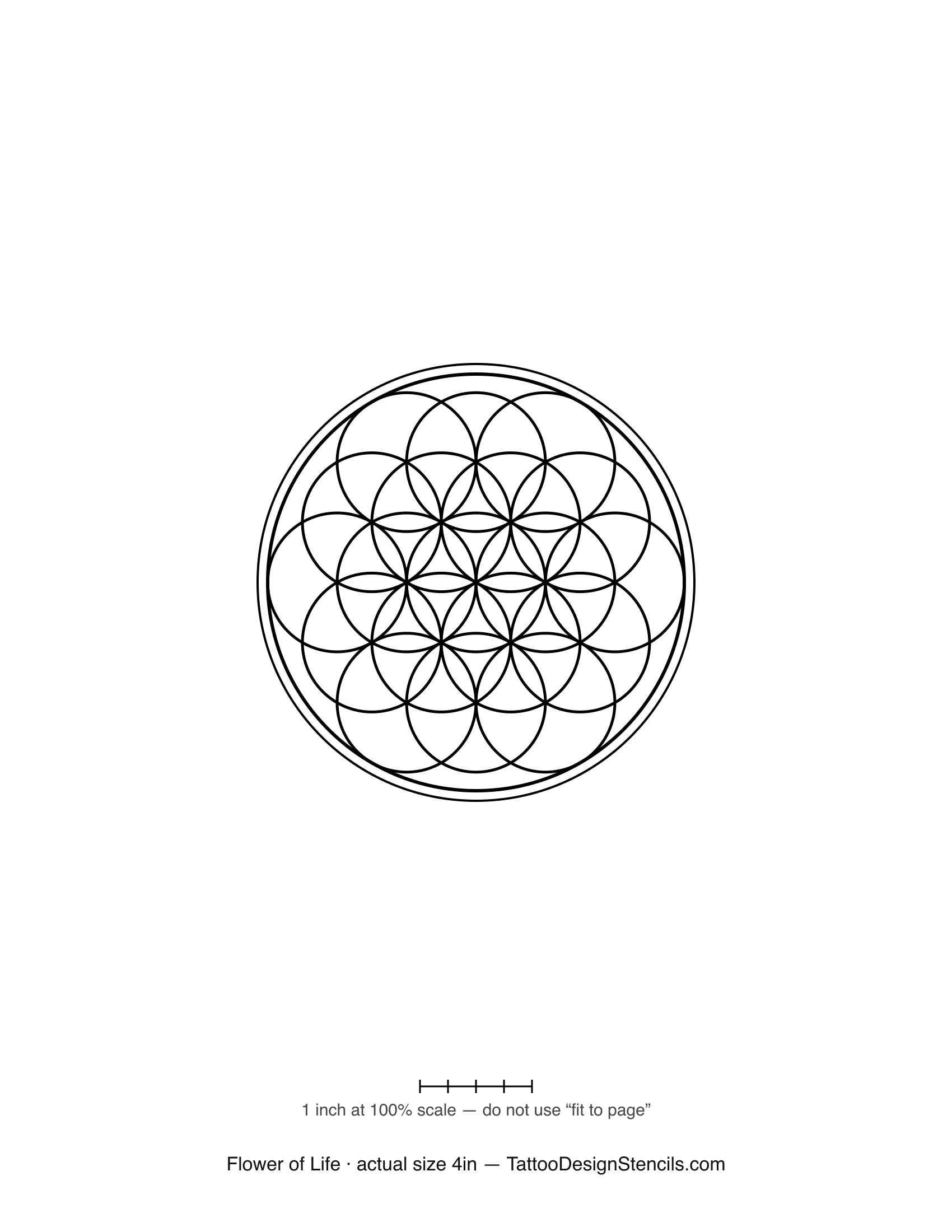 Flower of life tattoo stencil — nineteen interlocking circles in a double border, fine black line art