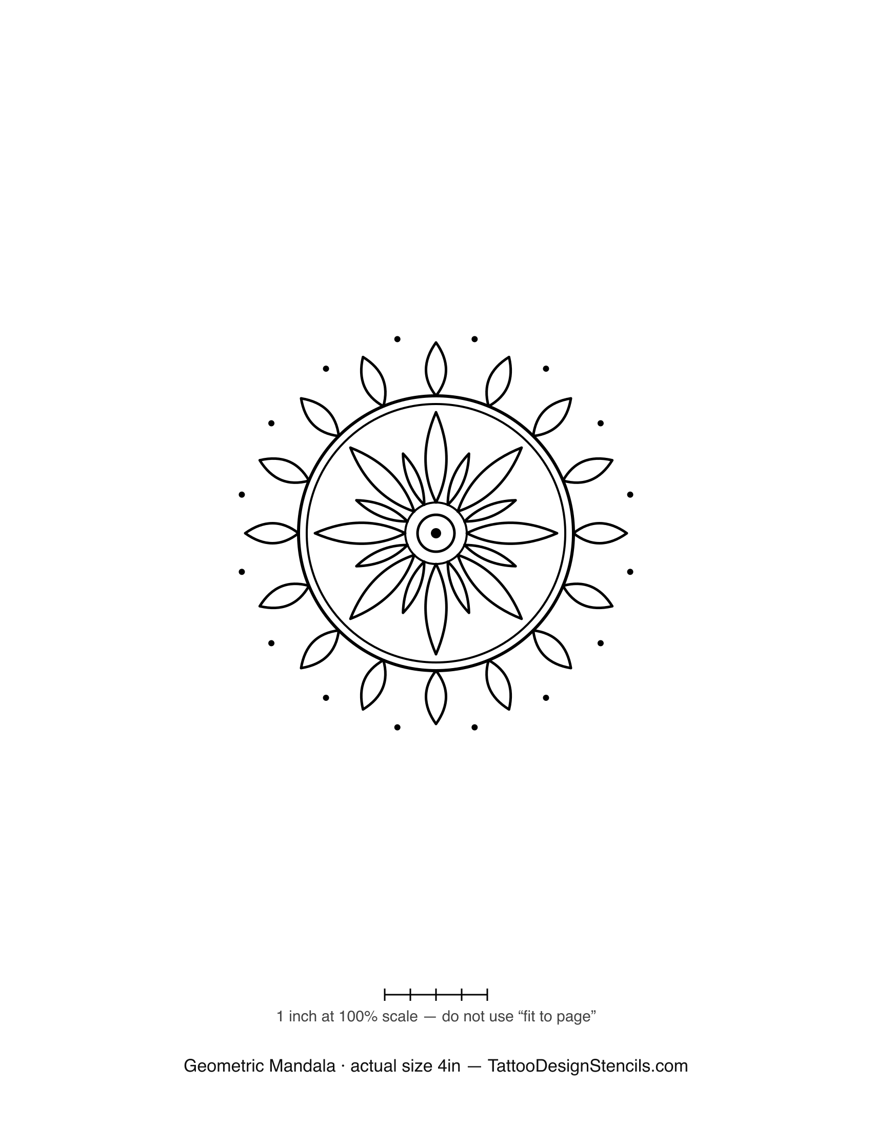 Geometric mandala tattoo stencil — eight-fold symmetric petals and concentric rings, fine line