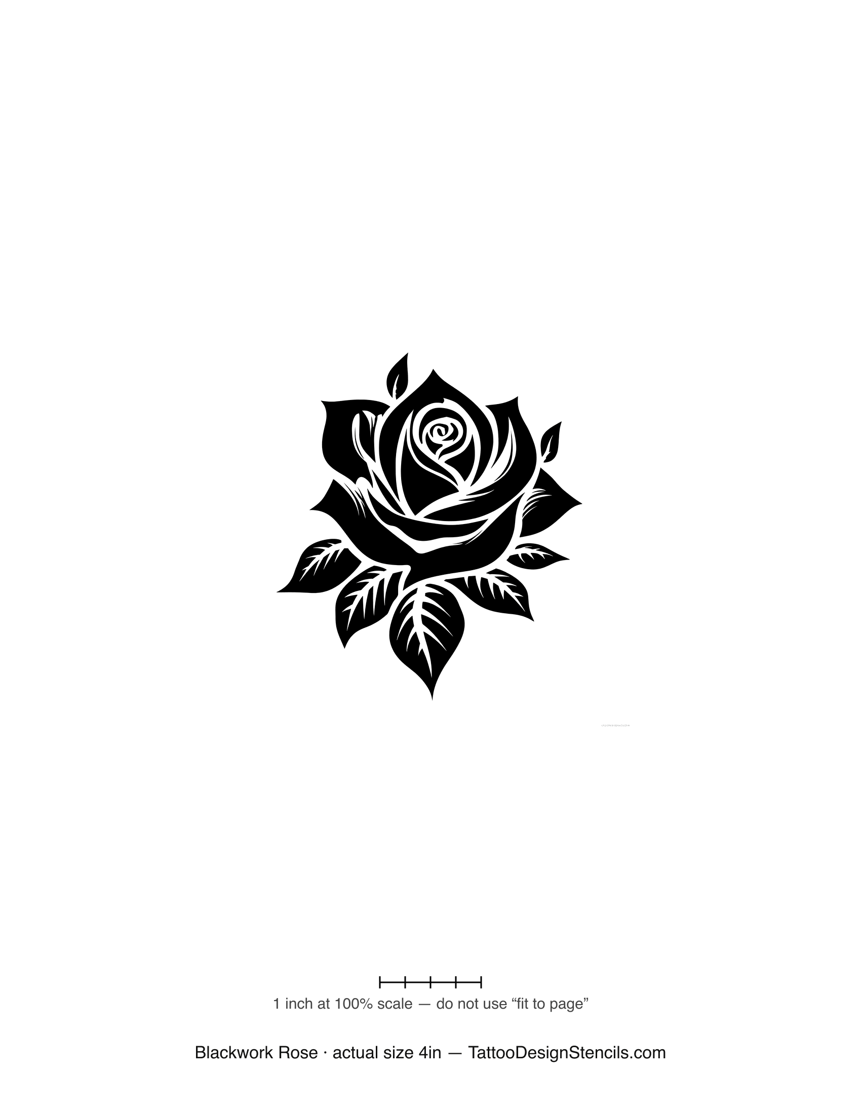 Blackwork rose tattoo stencil — bold solid-black petals and leaves, high contrast