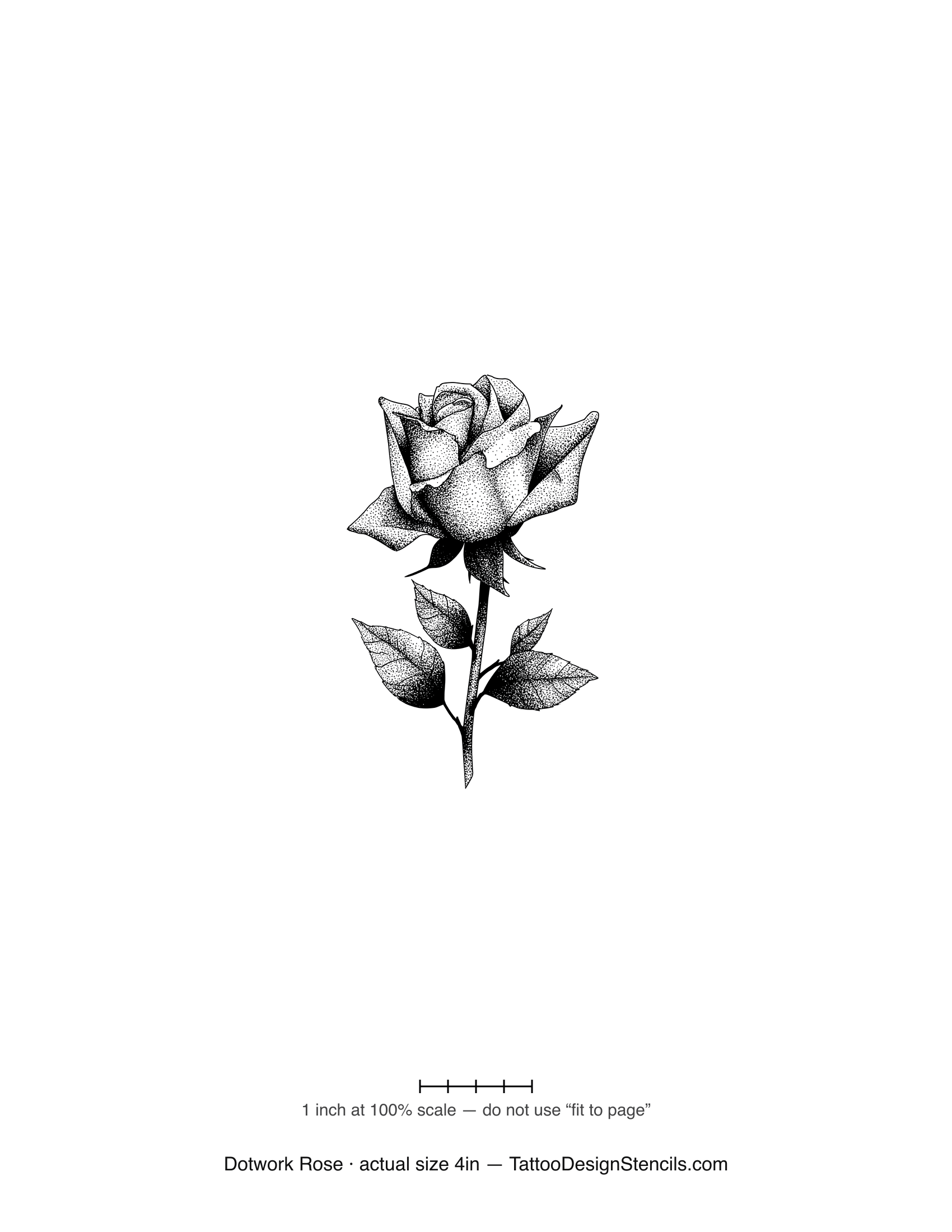 Dotwork rose tattoo stencil — long-stem rose built from fine stipple shading