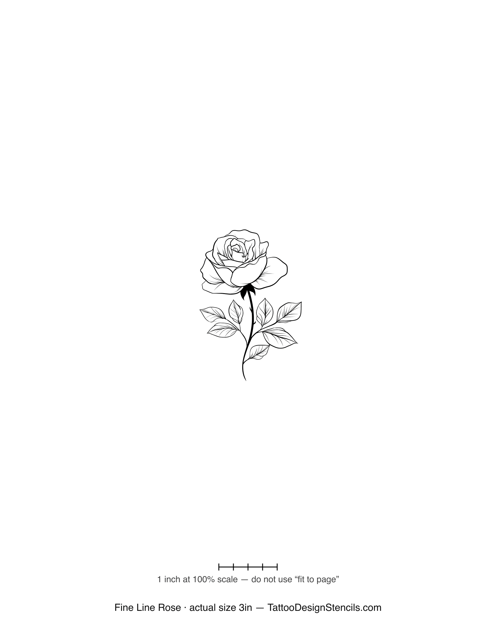 Fine line rose tattoo stencil — minimal thin-line rose with leaves on a single stem
