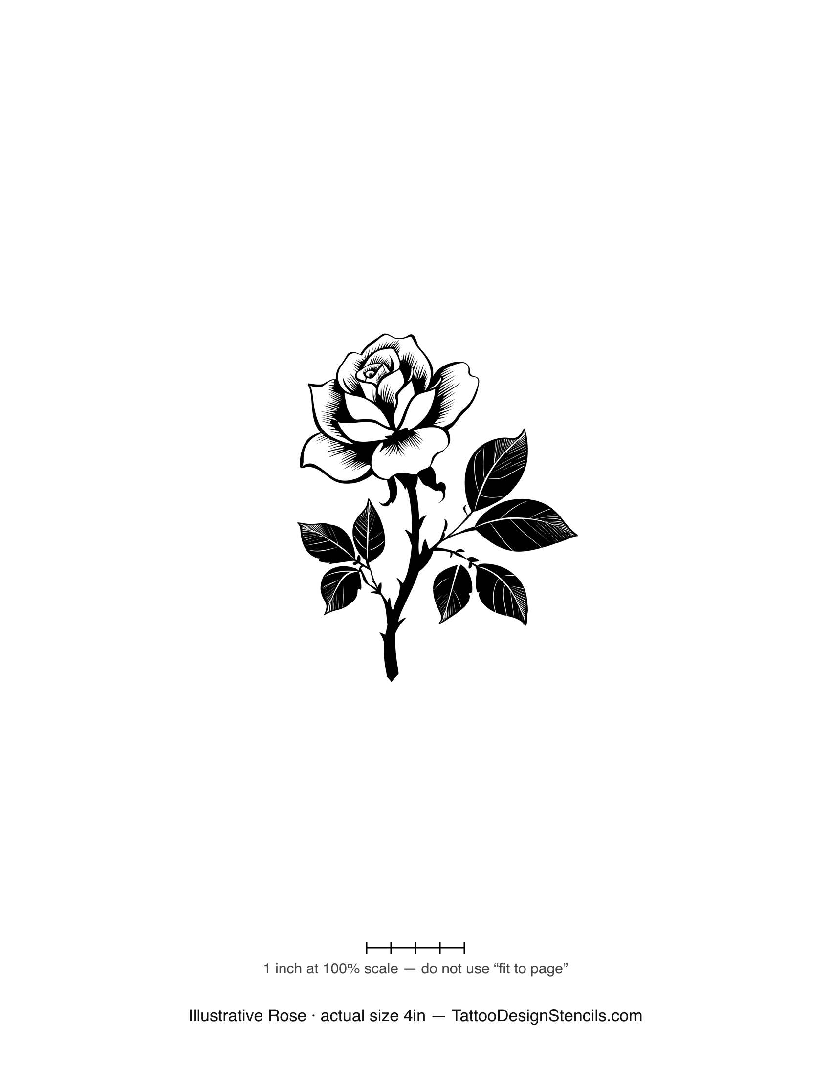 Illustrative rose tattoo stencil — detailed rose on thorned stem with veined leaves