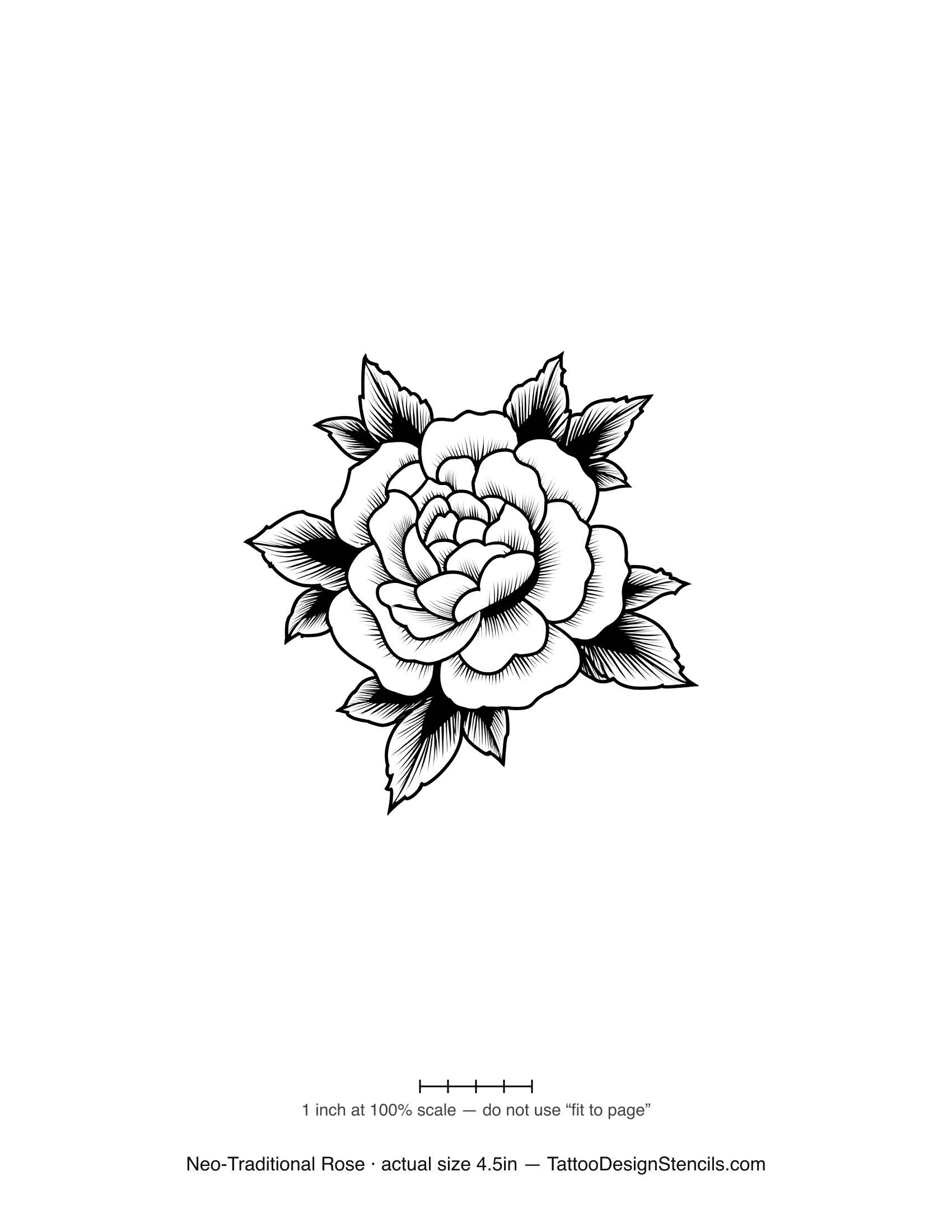 Neo-traditional rose tattoo stencil — full bloom with layered petals and ornate leaves