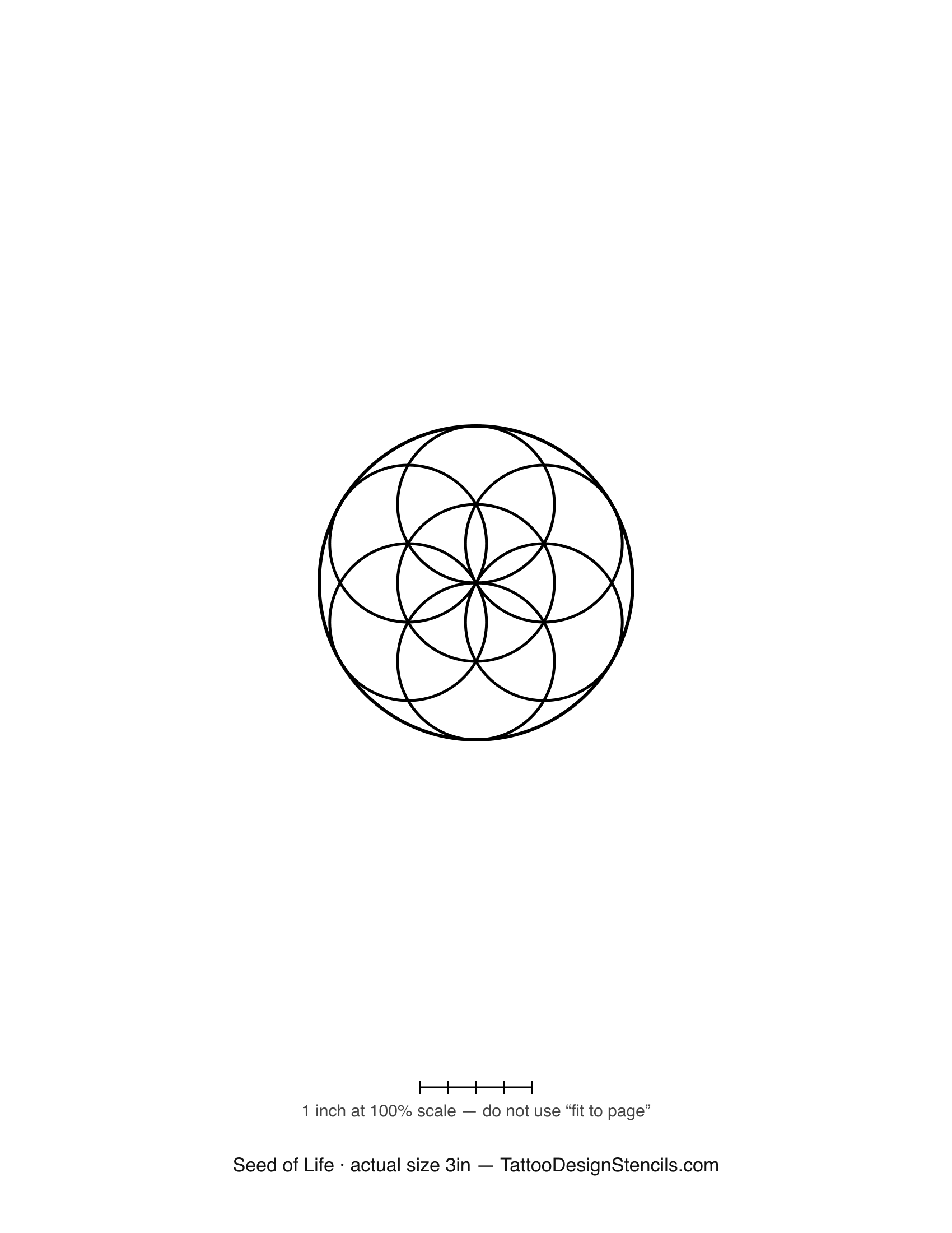 Seed of life tattoo stencil — seven overlapping circles forming a six-petal rosette, black outline